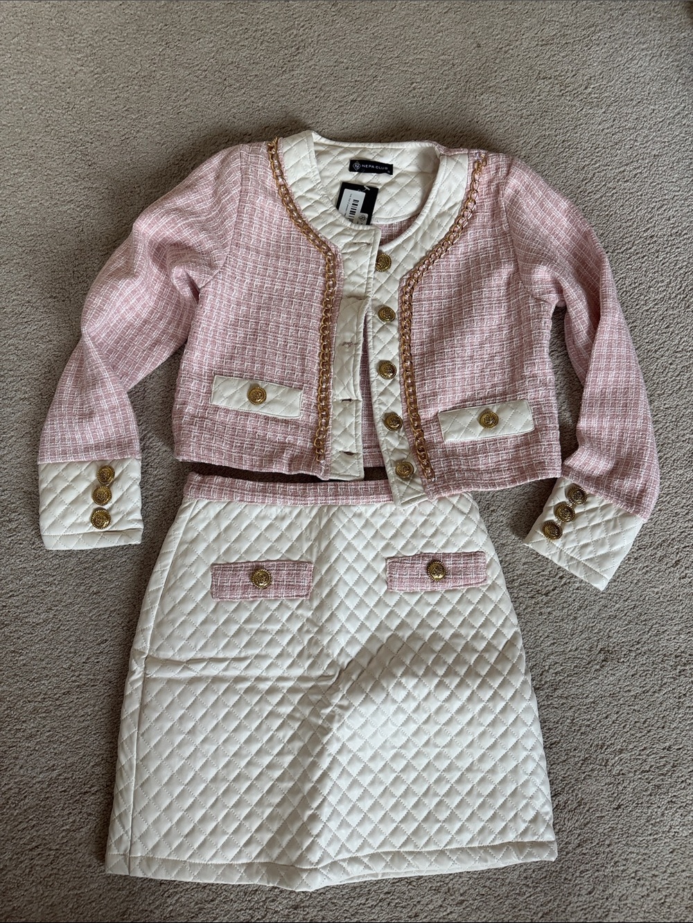 Pink Tweed & White Quilted Two-Piece Set